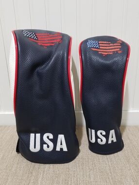 NWOT! USA Leather Golf Club Head Cover Lot (Driver/2W-X) Red/White/Blue
